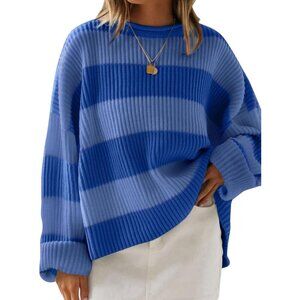 Women's Pullover Drop Shoulder Long Sleeve Retro Stripe Dark Blue Fall Sweater
